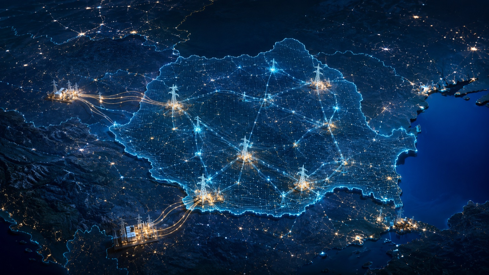 Ilustrație editorială a rețelei electrice și a interconectărilor regionale ale României