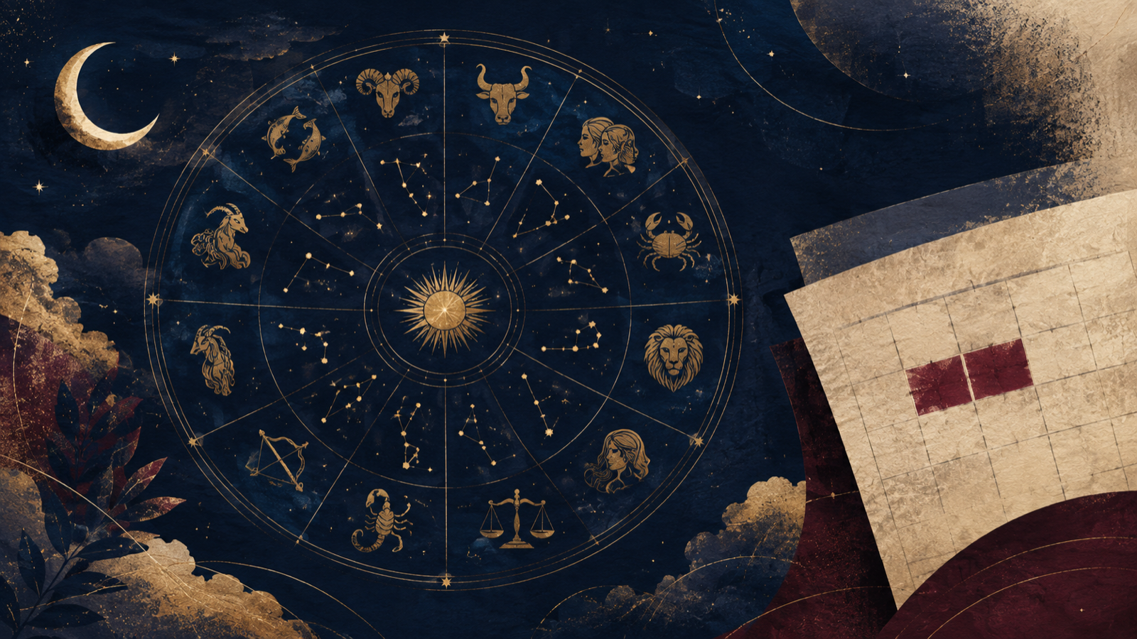Roata zodiacului, luna și un calendar simbolic sub un cer de noapte