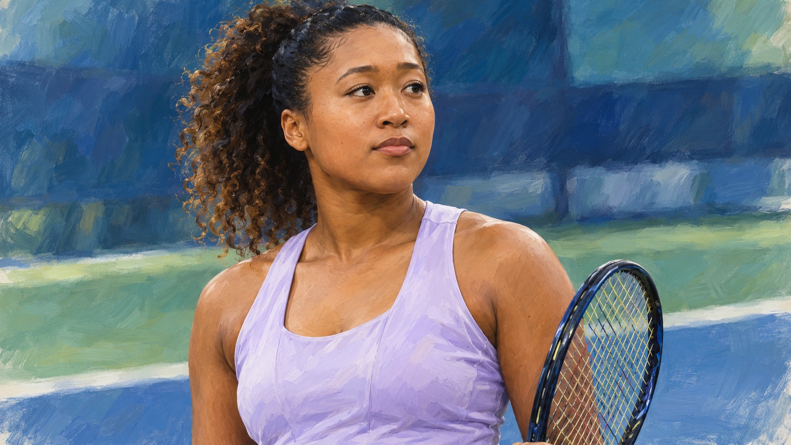 Ilustrație editorială originală despre Naomi Osaka pune familia înaintea calendarului de tenis. Retragerea rămâne o posibilitate, nu un anunț
