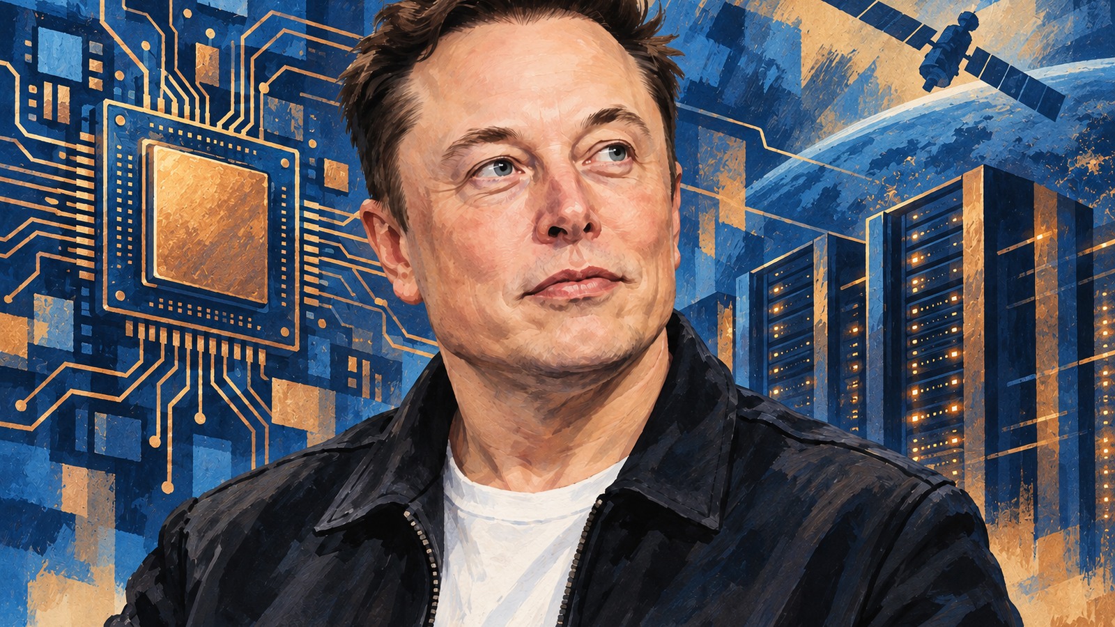 Ilustrație editorială originală despre Musk anunță împrumuturi de 40 de miliarde de dolari pentru cipuri AI și avertizează firmele rivale