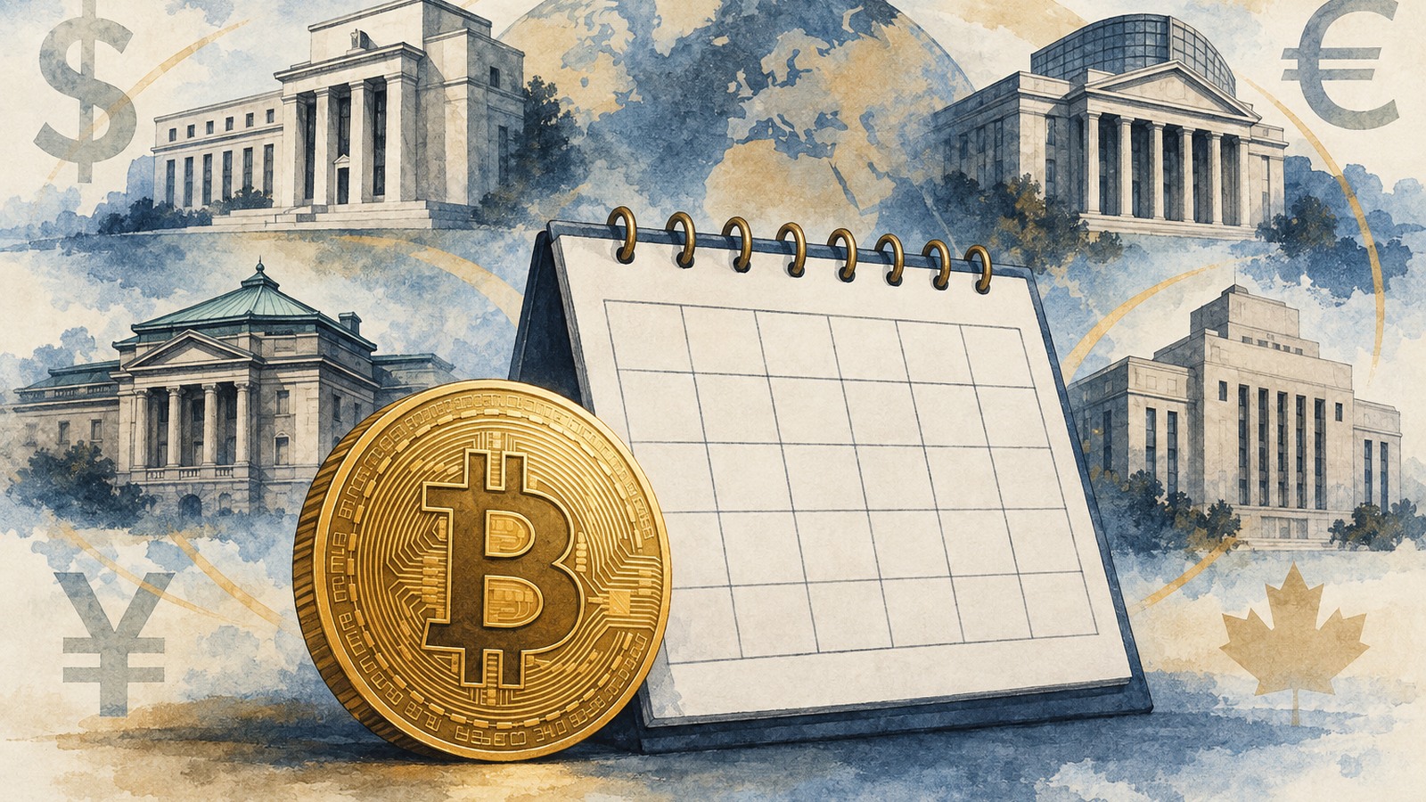 Ilustrație editorială originală despre O săptămână aglomerată pentru piețele crypto: decizii Fed, BCE și Banca Japoniei