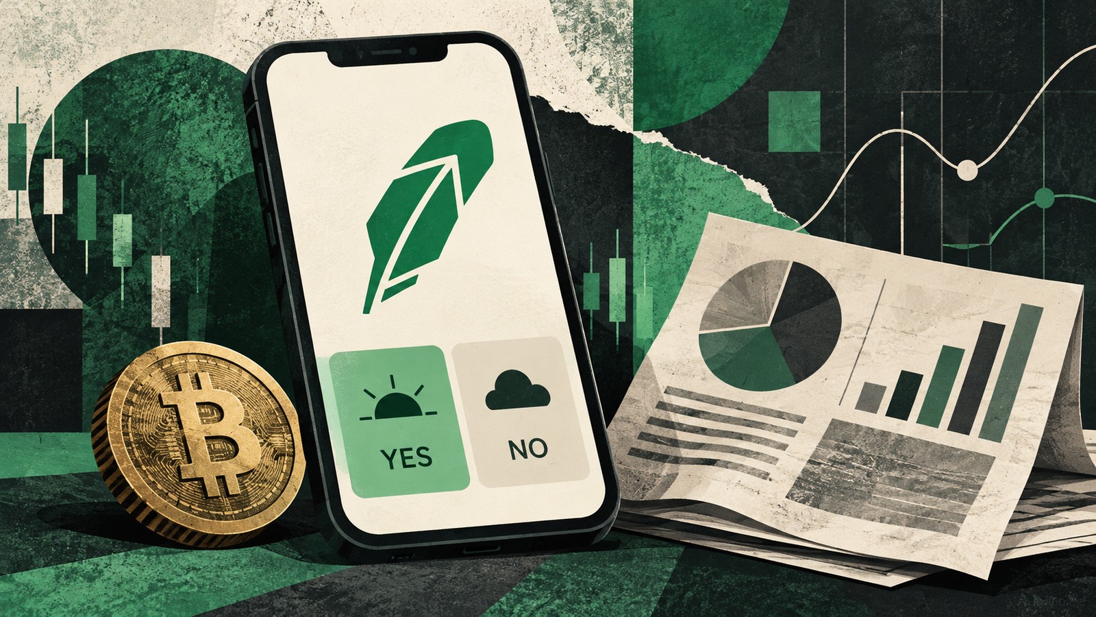 Ilustrație editorială originală despre Bernstein vede piețele de predicții peste crypto în veniturile Robinhood din 2028