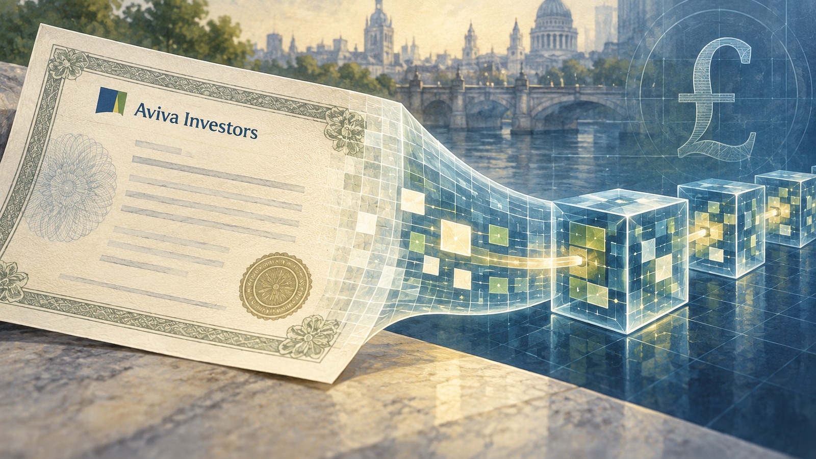 Ilustrație editorială originală despre Aviva lansează unități tokenizate pentru fondul în lire. Cele 22 de miliarde nu sunt mutate integral pe blockchain
