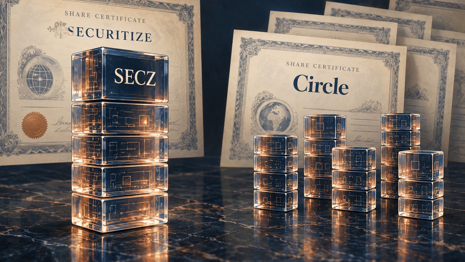 Ilustrație editorială originală despre Securitize pierde teren pe piața acțiunilor tokenizate, iar produsele Circle trec în față