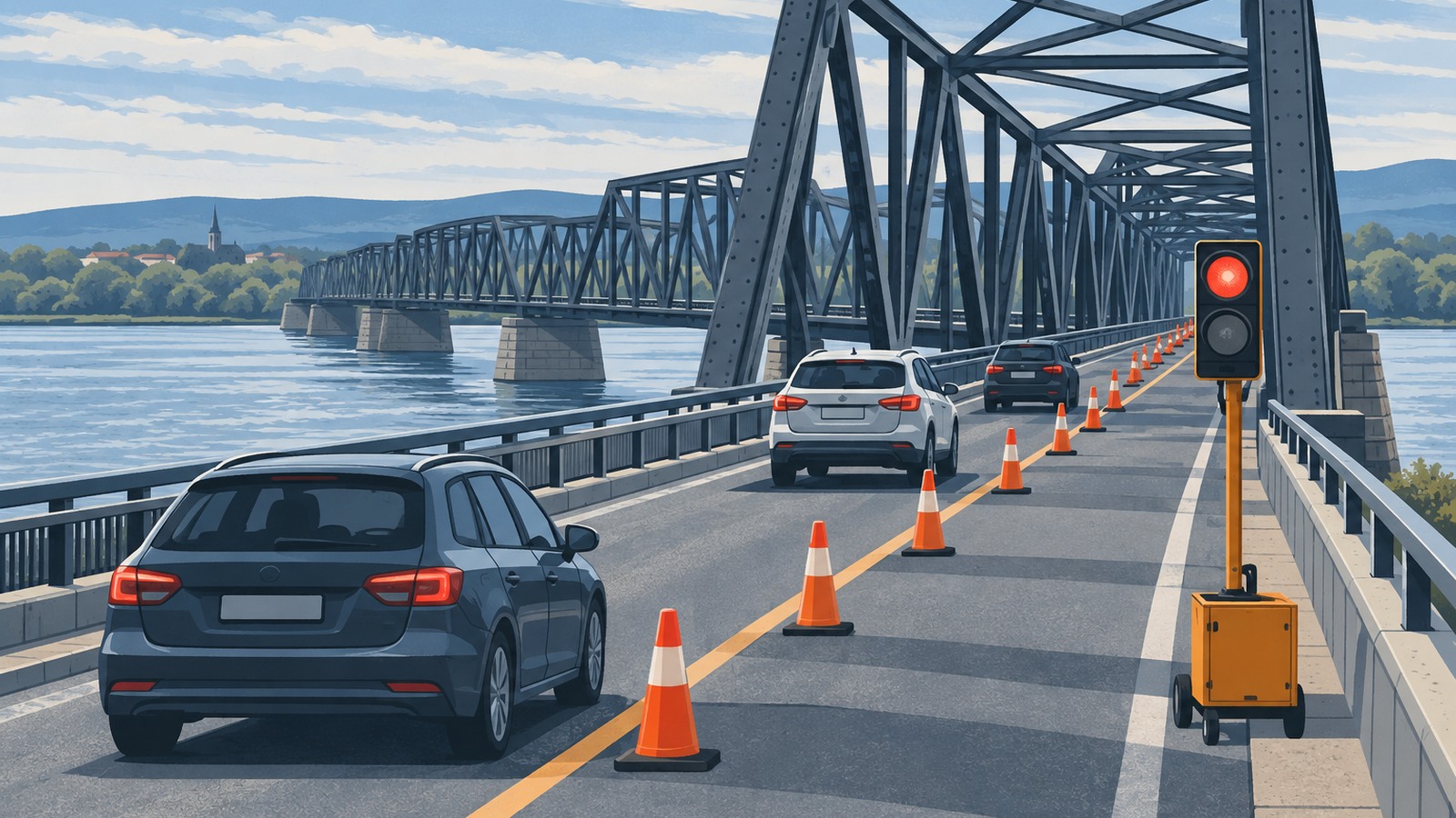 Ilustrație editorială originală despre O singură bandă pe Podul Prieteniei: restricții la Giurgiu–Ruse până pe 29 octombrie