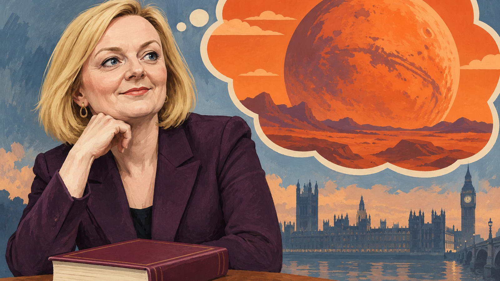Ilustrație editorială originală despre Liz Truss își imaginează o Britanie cu misiuni spre Marte, dacă ar fi rămas premier
