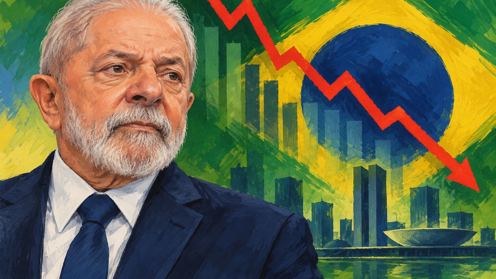 Ilustrație editorială originală despre Bursa braziliană intră în pauză după victoria lui Lula, iar realul pierde teren