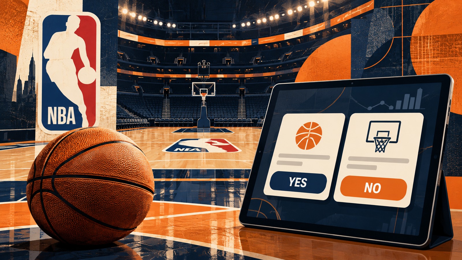 Ilustrație editorială originală despre NBA încheie acorduri cu Kalshi și Polymarket, în timp ce NFL cere alte garanții