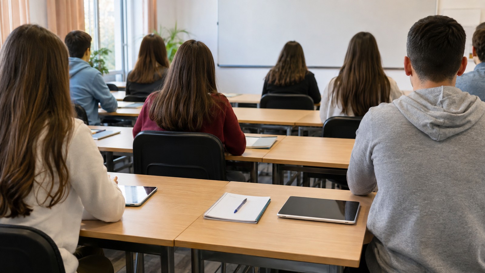 Elevi de clasa a IX-a într-o sală de curs, fără manuale noi pe bănci
