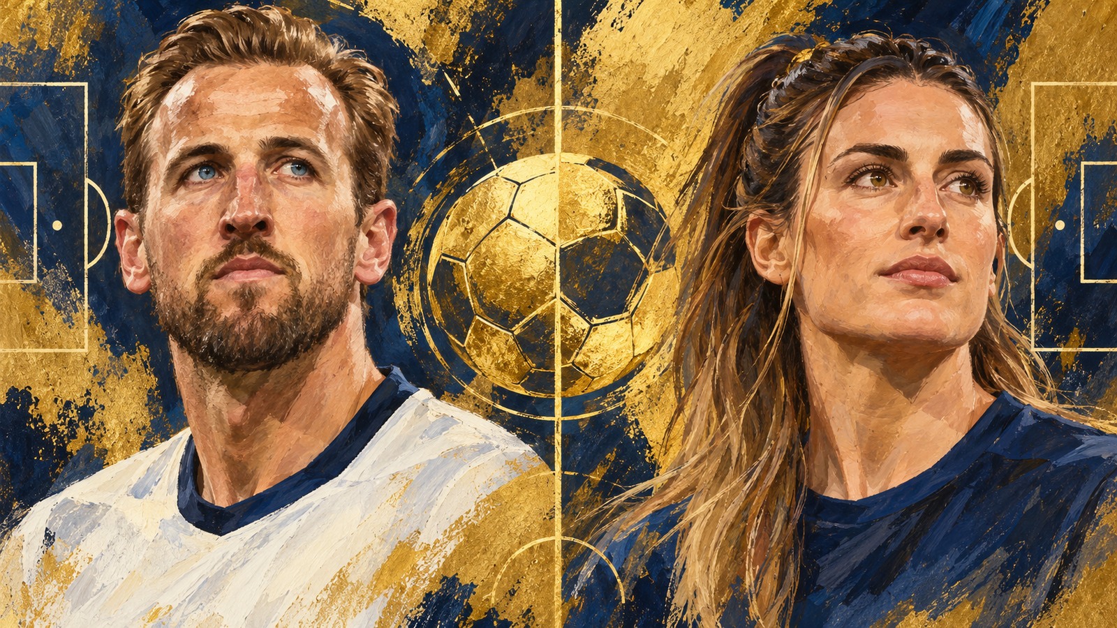 Ilustrație editorială originală despre Harry Kane câștigă primul Balon de Aur, Alexia Putellas ajunge la al treilea
