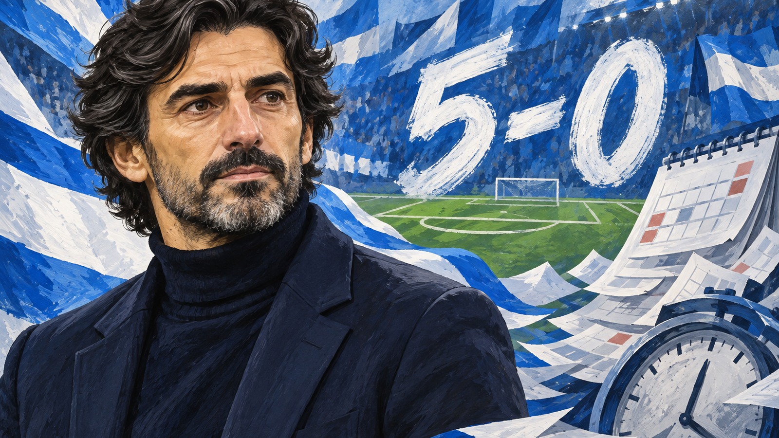 Ilustrație editorială originală despre Craiova câștigă cu 5–0 la Sepsi, dar Coelho are deja ochii pe calendar