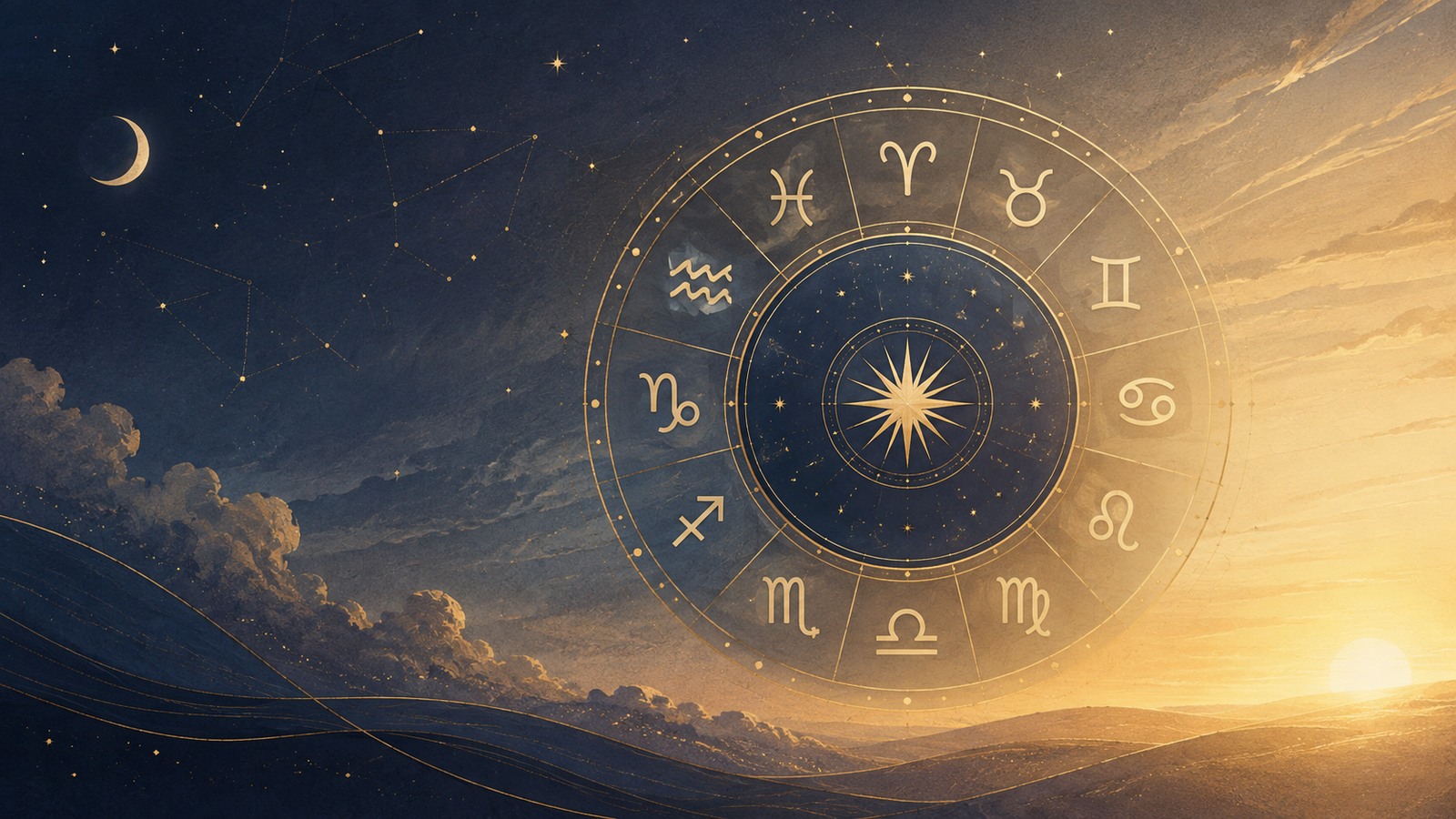 Cerc zodiacal auriu pe un cer nocturn care trece spre lumina dimineții
