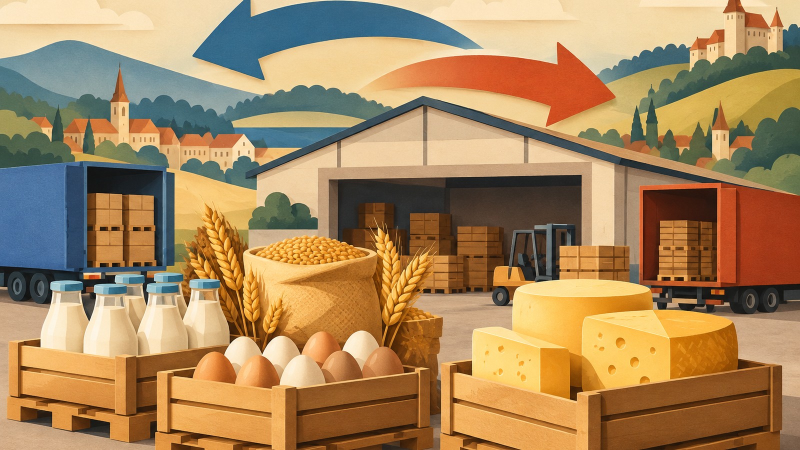 Ilustrație editorială originală despre Deficitul comerțului alimentar se reduce, dar importurile rămân peste exporturi