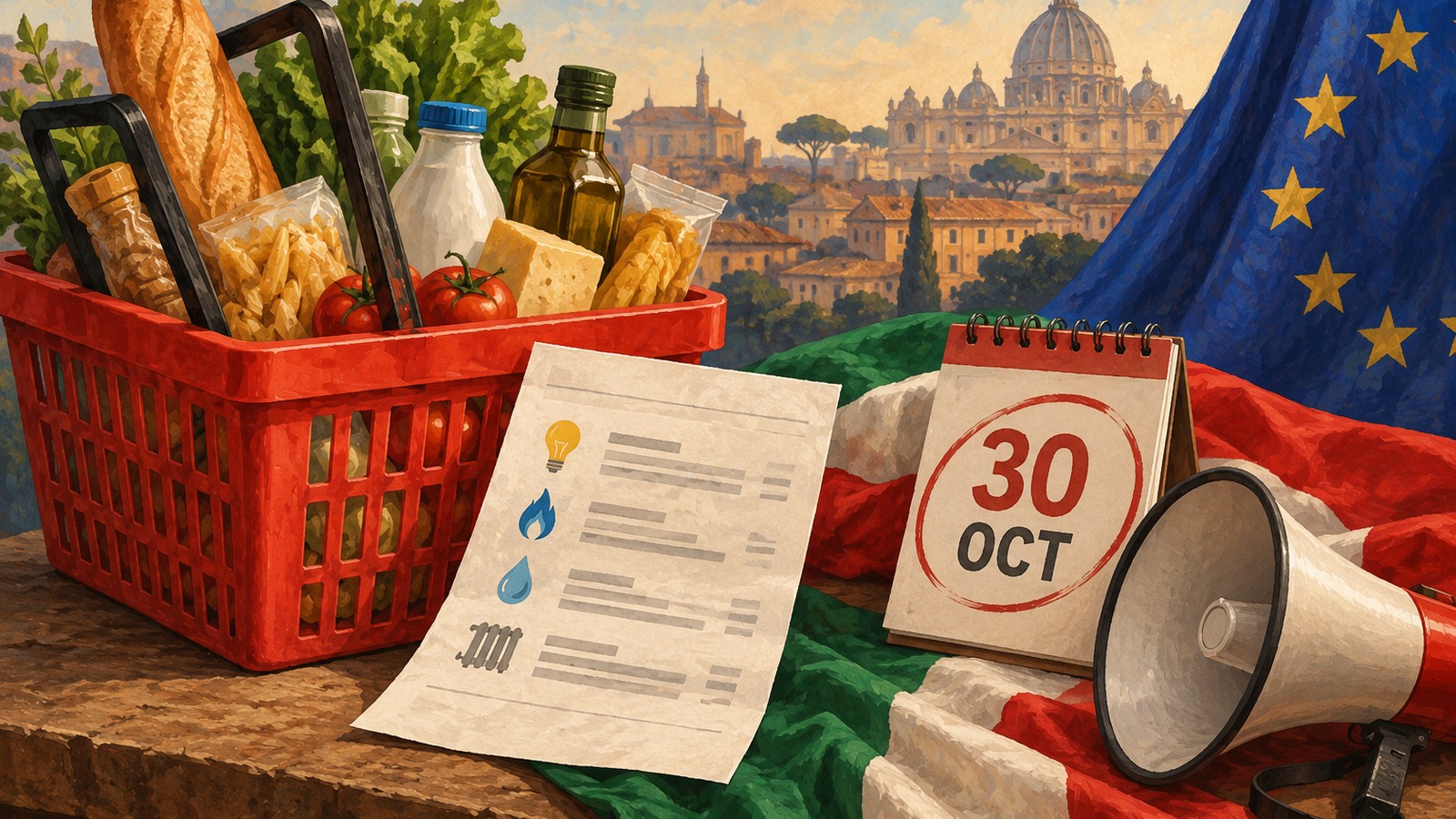 Ilustrație editorială originală despre Scumpirile aduc grevă în Italia: USB anunță manifestații pe 30 octombrie