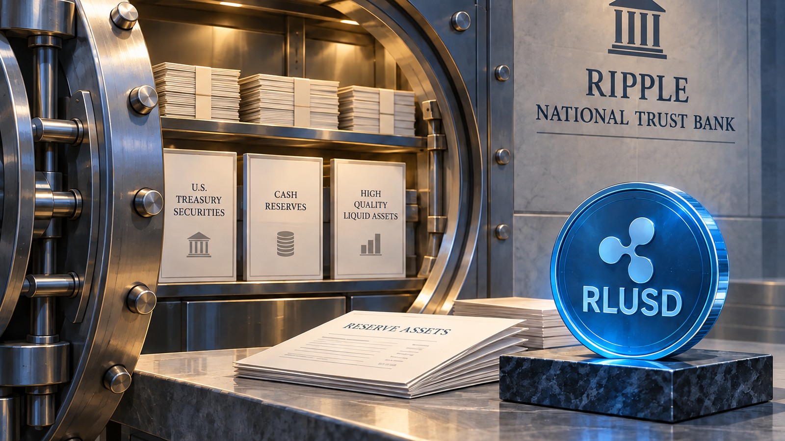 Ilustrație editorială originală despre Ripple anunță aprobarea finală pentru banca ce va administra rezervele RLUSD
