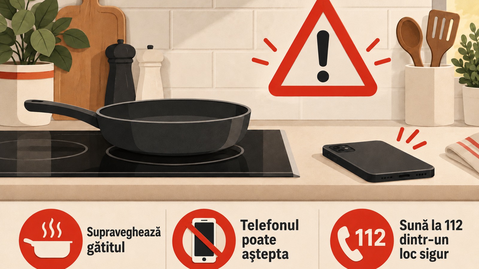 Ilustrație editorială originală despre Telefonul poate aștepta: IGSU cere să nu lăsăm mâncarea nesupravegheată pe foc
