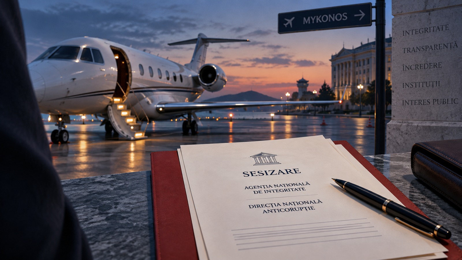 Ilustrație editorială cu un avion privat, un dosar de sesizare și clădiri instituționale