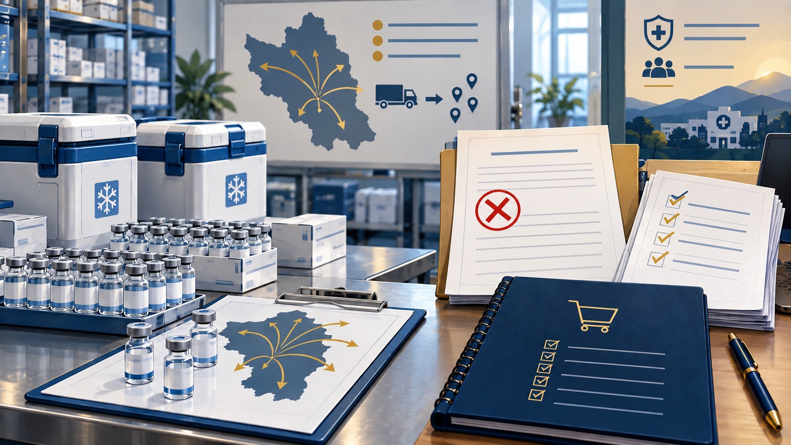 Ilustrație editorială despre stocuri de vaccin și documente pentru o achiziție publică anulată