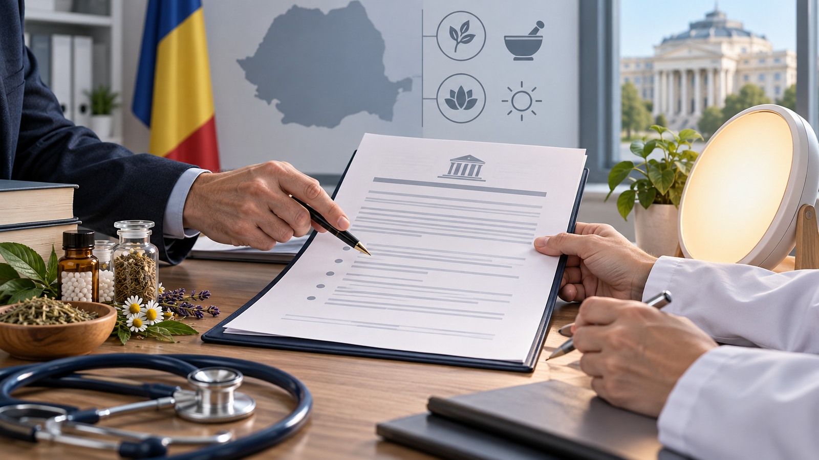 Ilustrație editorială despre consultarea publică pentru reglementarea practicilor de medicină alternativă