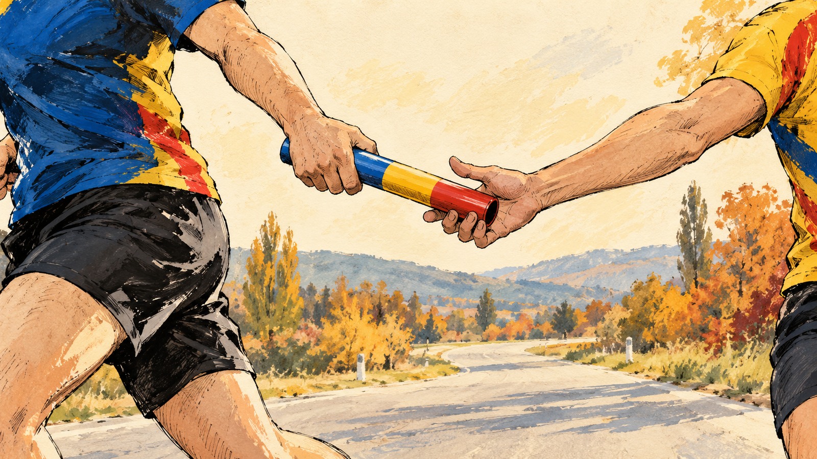 Ilustrație editorială originală despre Ștafeta Veteranilor pleacă din București pe 1 octombrie și ajunge la Carei de Ziua Armatei