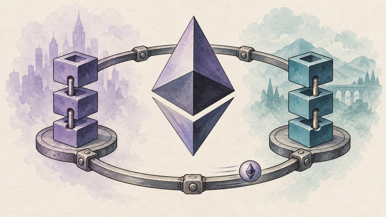 Ilustrație editorială originală despre EEZ prezintă un test de 0,001 ETH între Ethereum și o rețea de nivel secundar