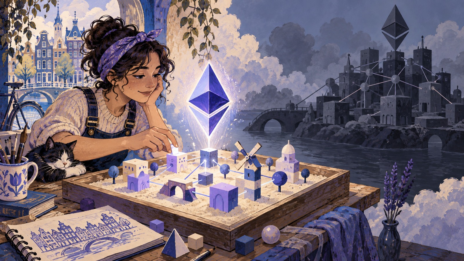 Ilustrație editorială originală despre Glamsterdam ajunge pe Sepolia; calendarul Ethereum mainnet rămâne deschis