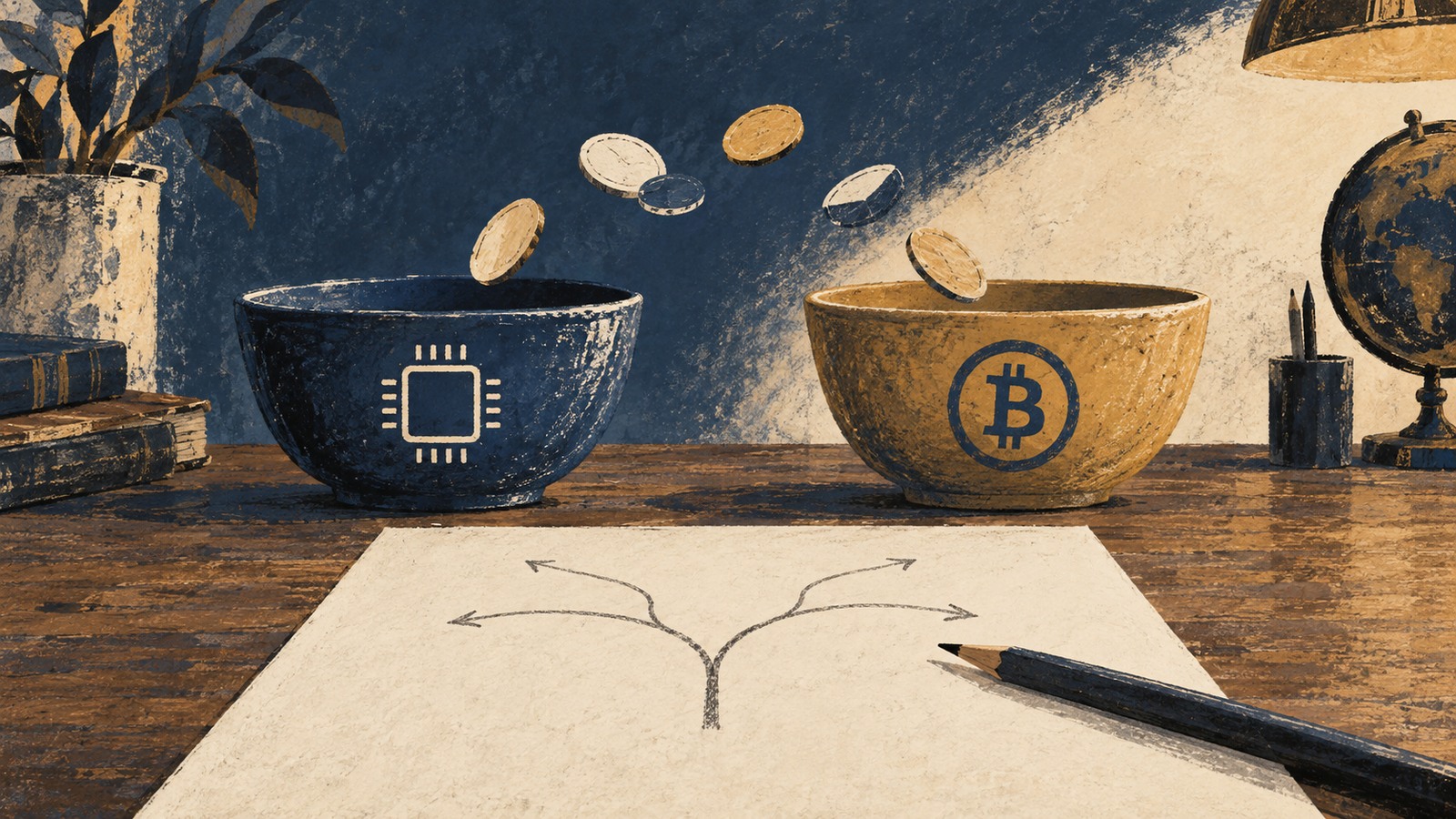 Ilustrație editorială originală despre Raoul Pal discută un scenariu de rotație din acțiunile AI spre crypto