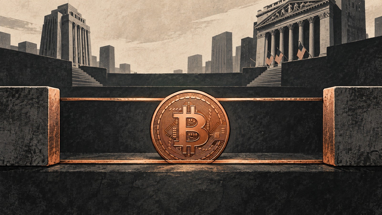 Ilustrație editorială originală despre Bitcoin rămâne în interval, în timp ce bursele americane ating noi maxime