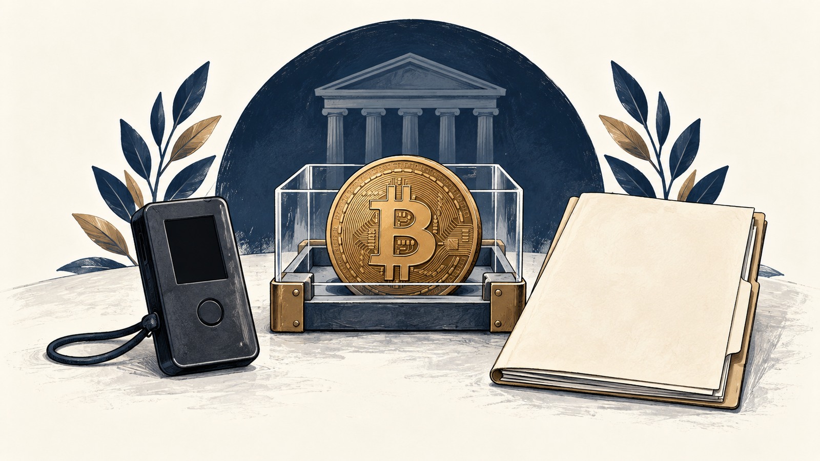 Ilustrație editorială originală despre Ledger introduce împrumuturi în stablecoins cu garanții legate de Bitcoin