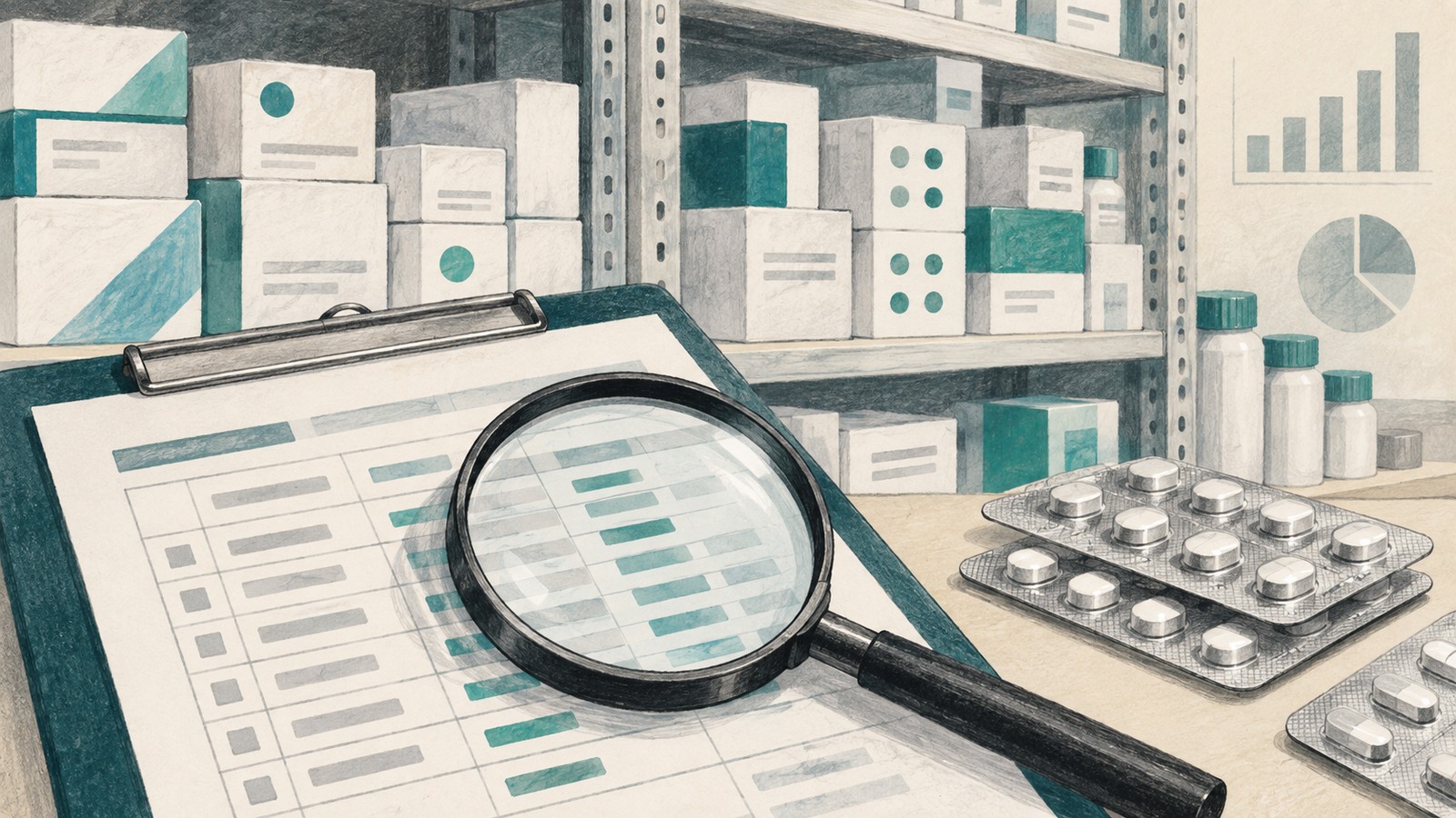 Ilustrație editorială originală despre Auditul Ministerului Sănătății propune 16 măsuri pentru urmărirea stocurilor de medicamente