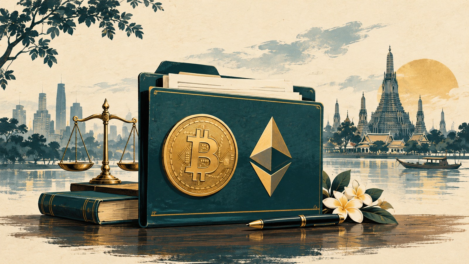 Ilustrație editorială originală despre Thailanda stabilește cadrul pentru ETF-uri Bitcoin și Ether, aplicabil din 16 octombrie