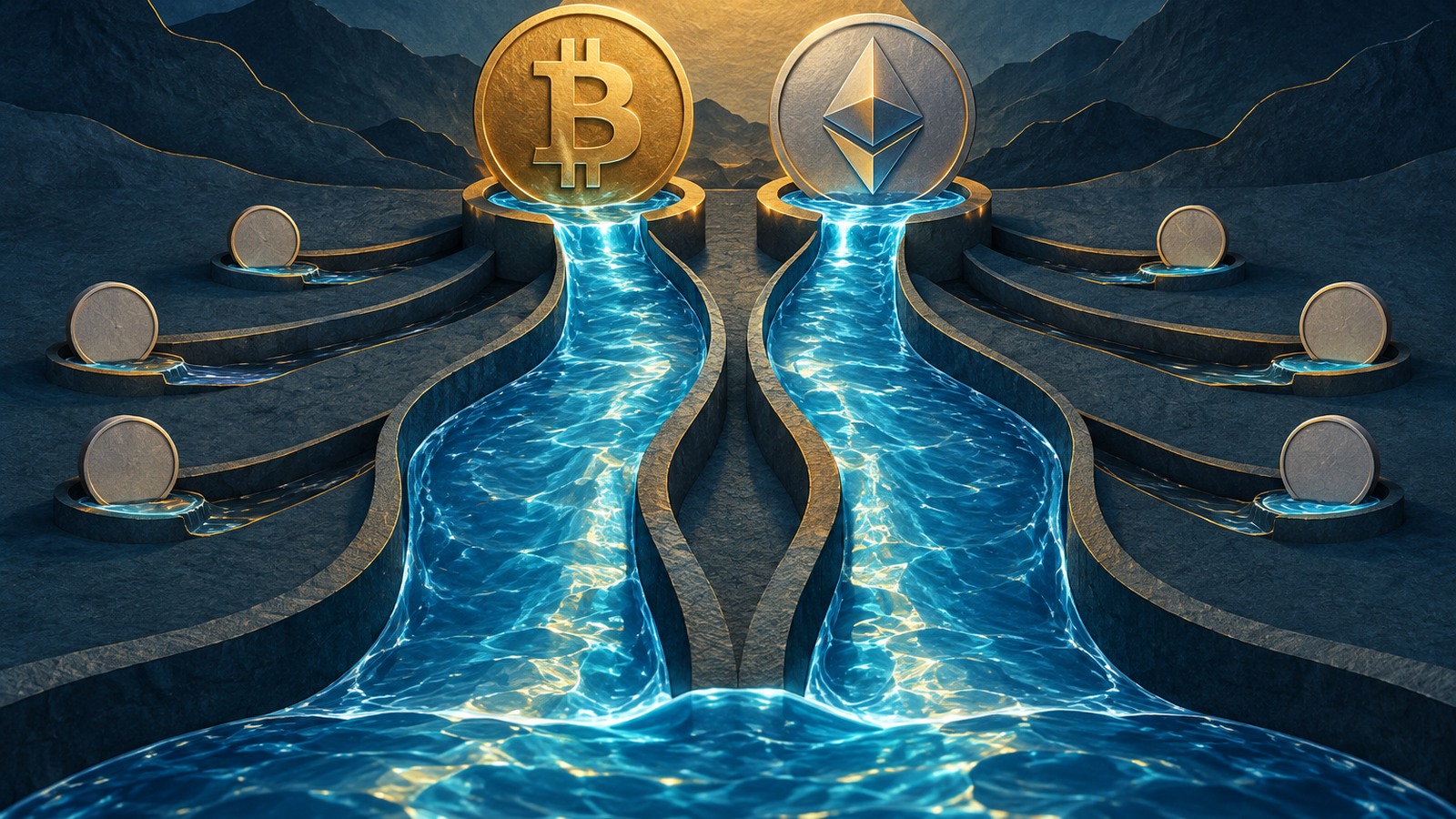Ilustrație editorială originală despre CoinDesk: lichiditatea revine inegal pe piața crypto, la un an după prăbușirea din octombrie