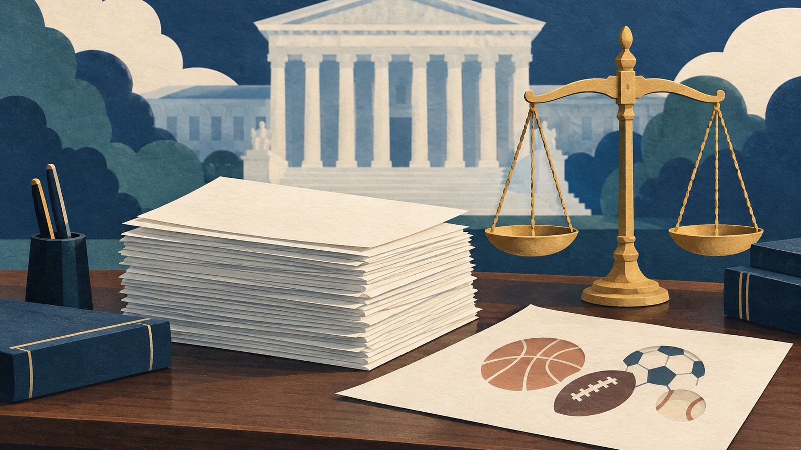 Ilustrație editorială originală despre Dosarul Kalshi din New Jersey atrage memorii la Curtea Supremă a SUA