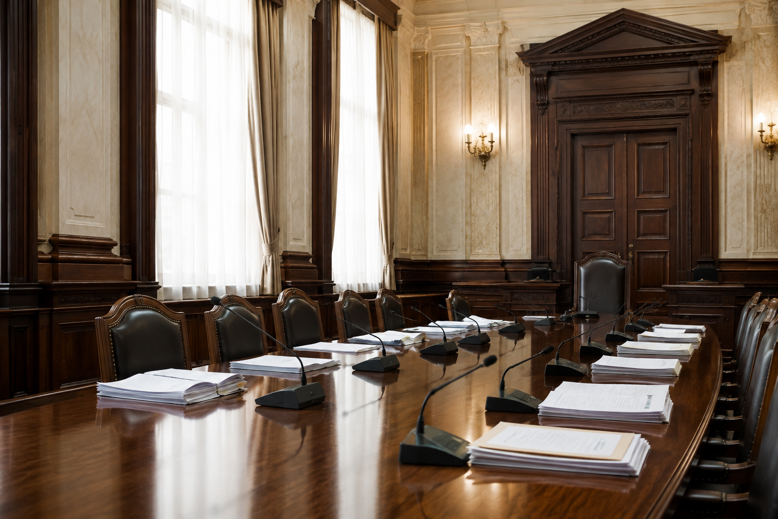 Sală de ședințe instituțională pregătită pentru reuniune