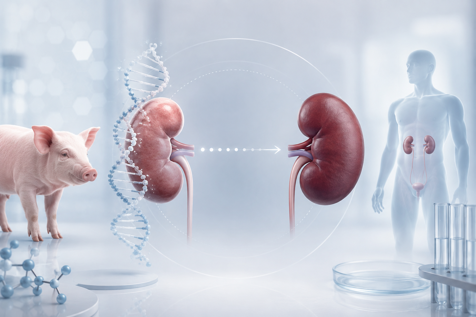 Ilustrație conceptuală despre xenotransplantul renal