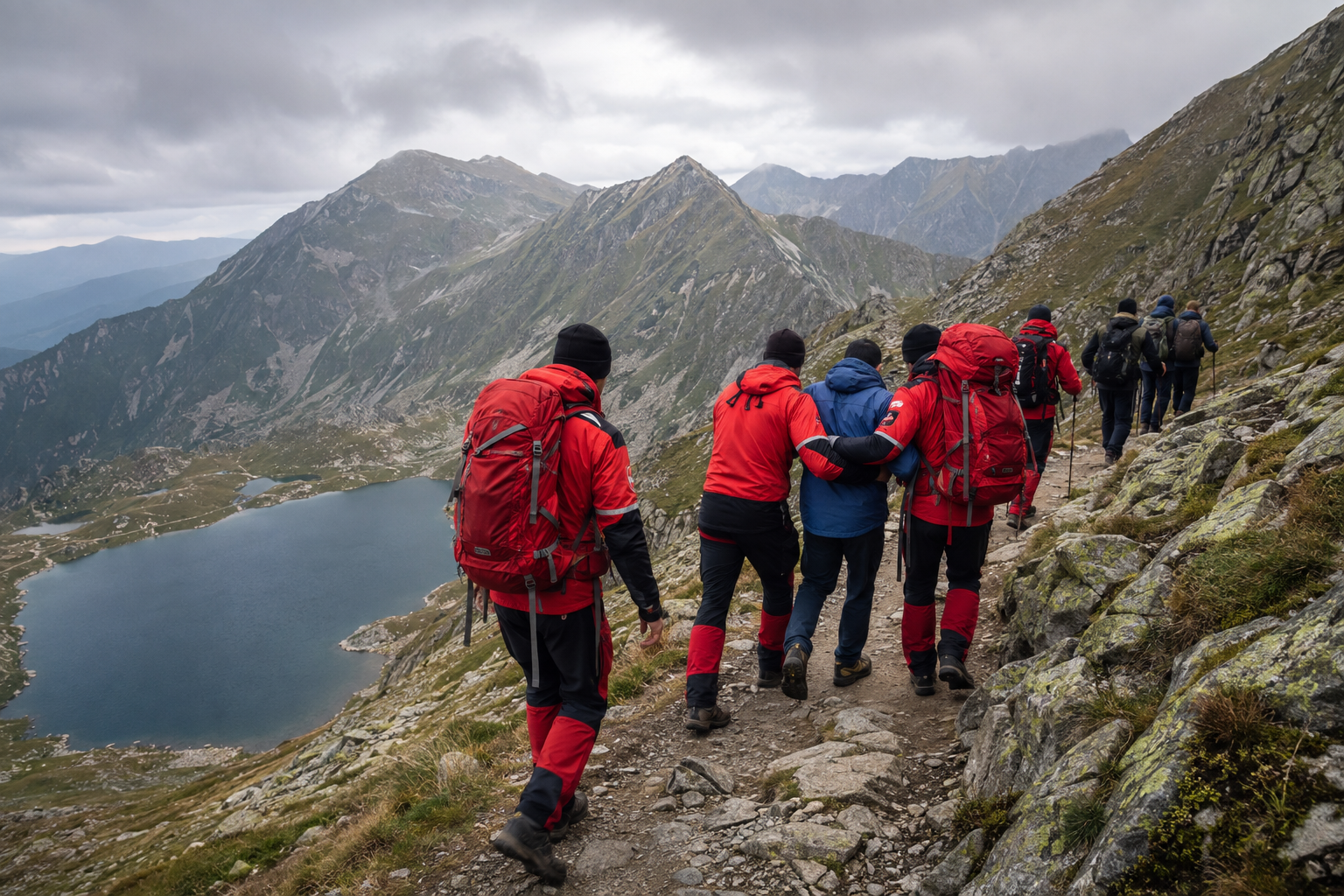 Echipă de salvare montană într-un peisaj alpin