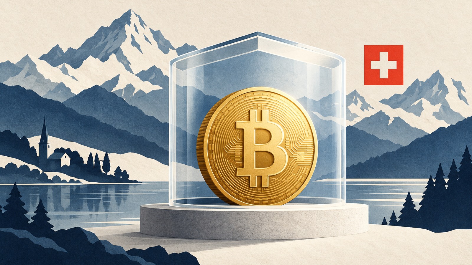 Ilustrație editorială originală despre BBIT se pregătește de bursă în Elveția: aprobarea FINMA nu scoate riscul din Bitcoin