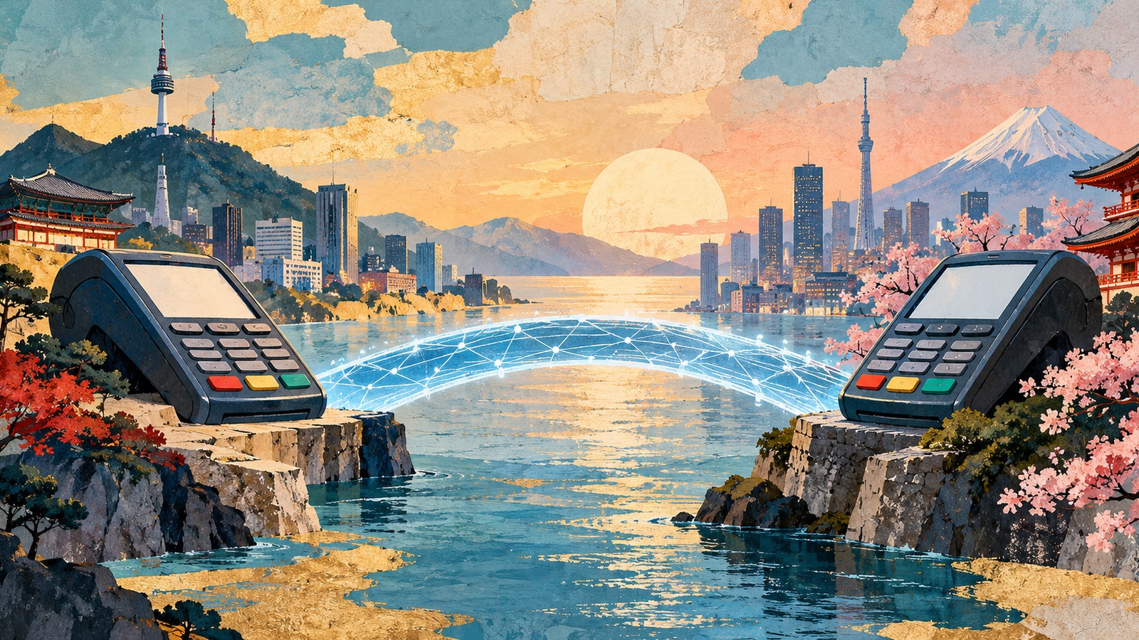 Ilustrație editorială originală despre Shinhan și două firme SBI pregătesc teste pentru plăți în stablecoins legați de yen