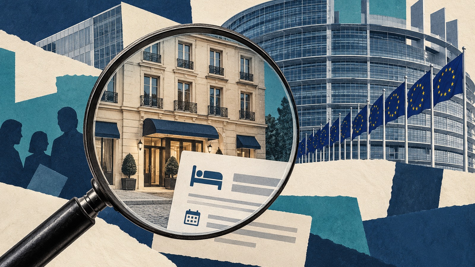 Ilustrație editorială originală despre Comisia Europeană verifică protecția împotriva fraudelor pe Booking.com