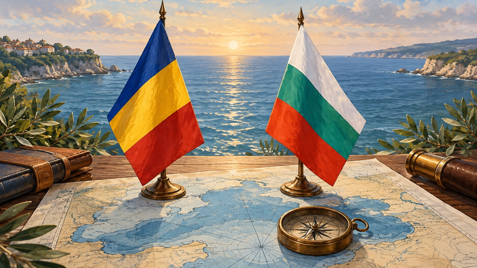 Ilustrație editorială originală despre Niculescu anunță coordonare cu Bulgaria pentru Marea Neagră și o viitoare întâlnire