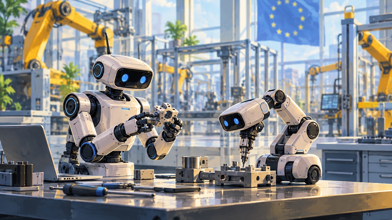 Ilustrație editorială originală despre Huang cere adoptarea AI în industria europeană, potrivit relatării HotNews