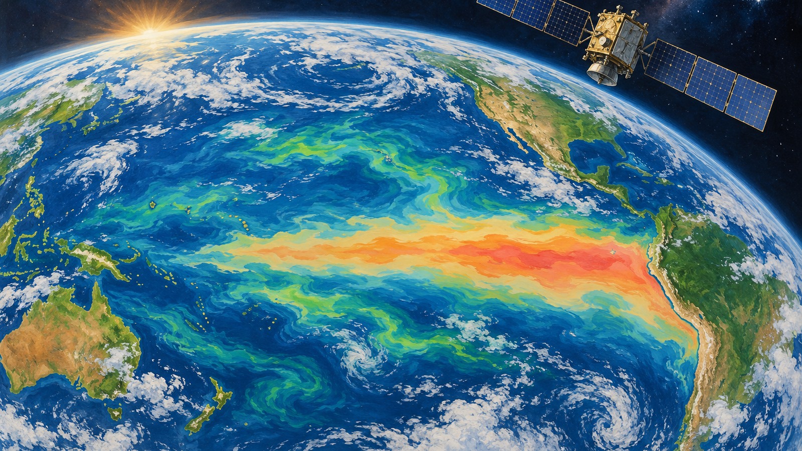 Ilustrație editorială originală despre NASA urmărește schimbarea culorii Pacificului ecuatorial în timpul El Niño