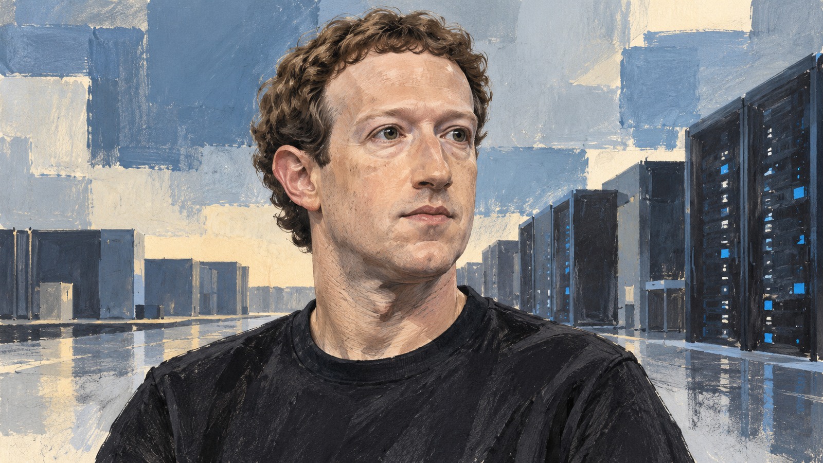 Ilustrație editorială originală despre Meta și finanțarea extinderii AI: The Verge relatează noua clasă de acțiuni, TechCrunch prezintă cifrele Muse
