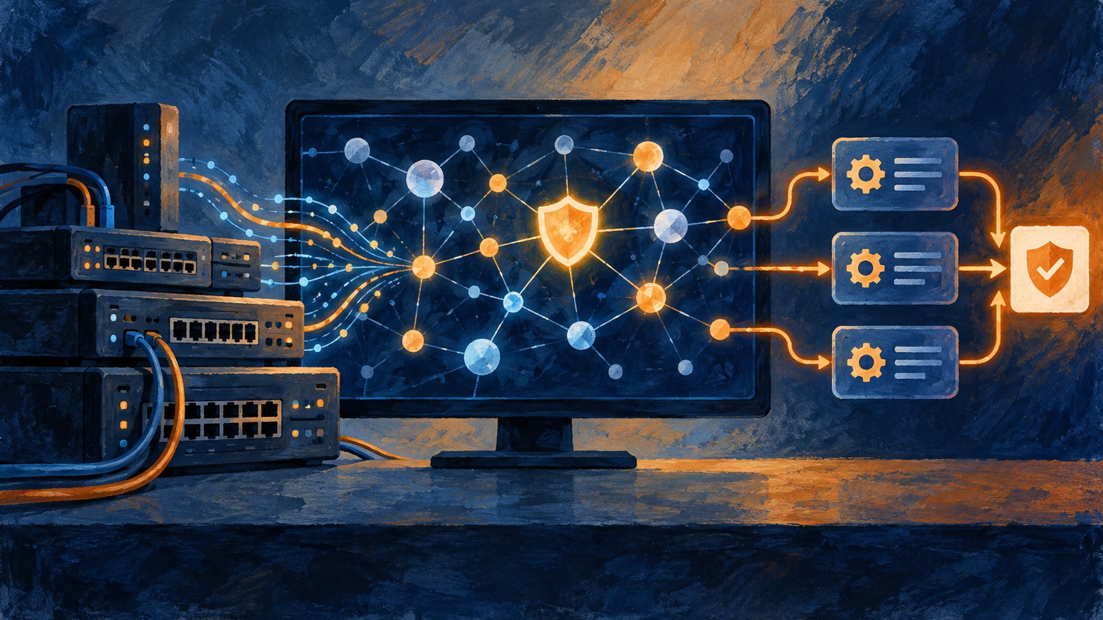 Ilustrație editorială originală despre Cloudflare descrie folosirea AI pentru propuneri de securitate pe care clienții le verifică