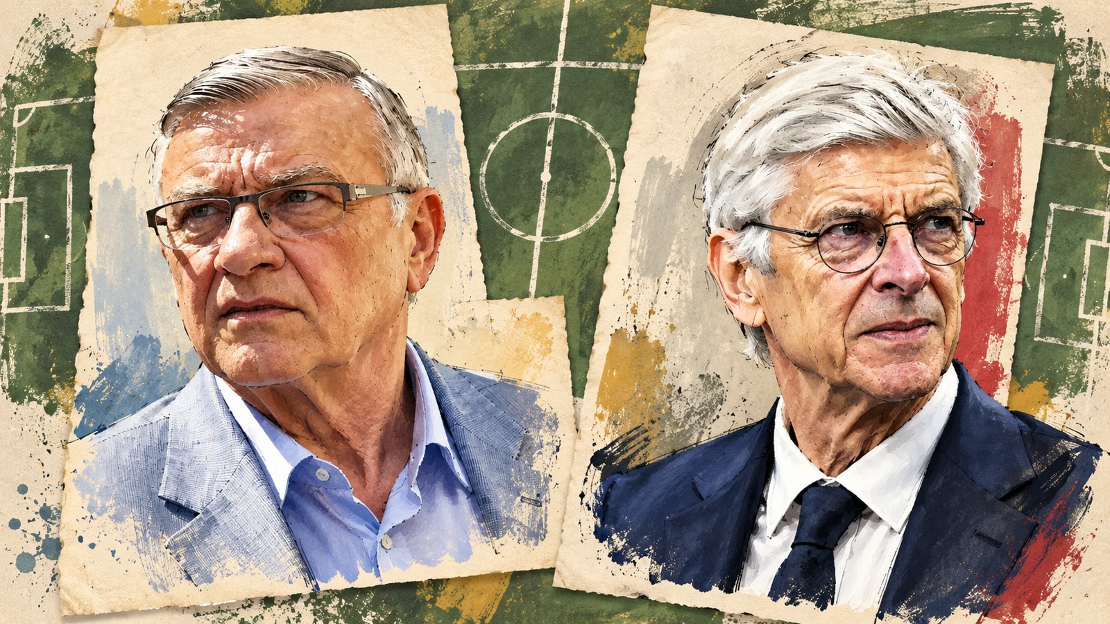 Ilustrație editorială originală despre 22 octombrie, două aniversări din fotbal: Mircea Sandu a împlinit 74 de ani, Arsène Wenger, 77