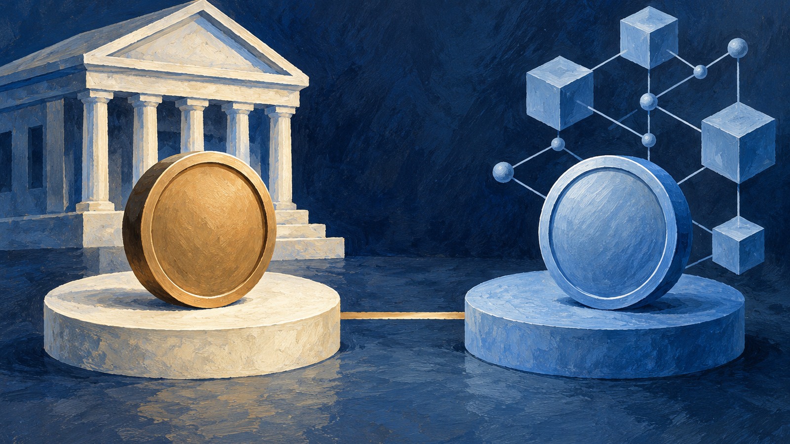 Ilustrație editorială originală despre Decrypt relatează lansarea SoFi Earn: depozit tokenizat, distinct de stablecoinul în care poate fi convertit