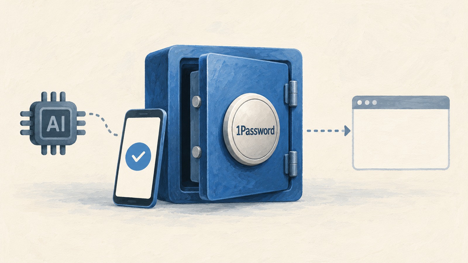 Ilustrație editorială originală despre The Verge: 1Password propune autentificarea agenților AI fără expunerea parolei către model