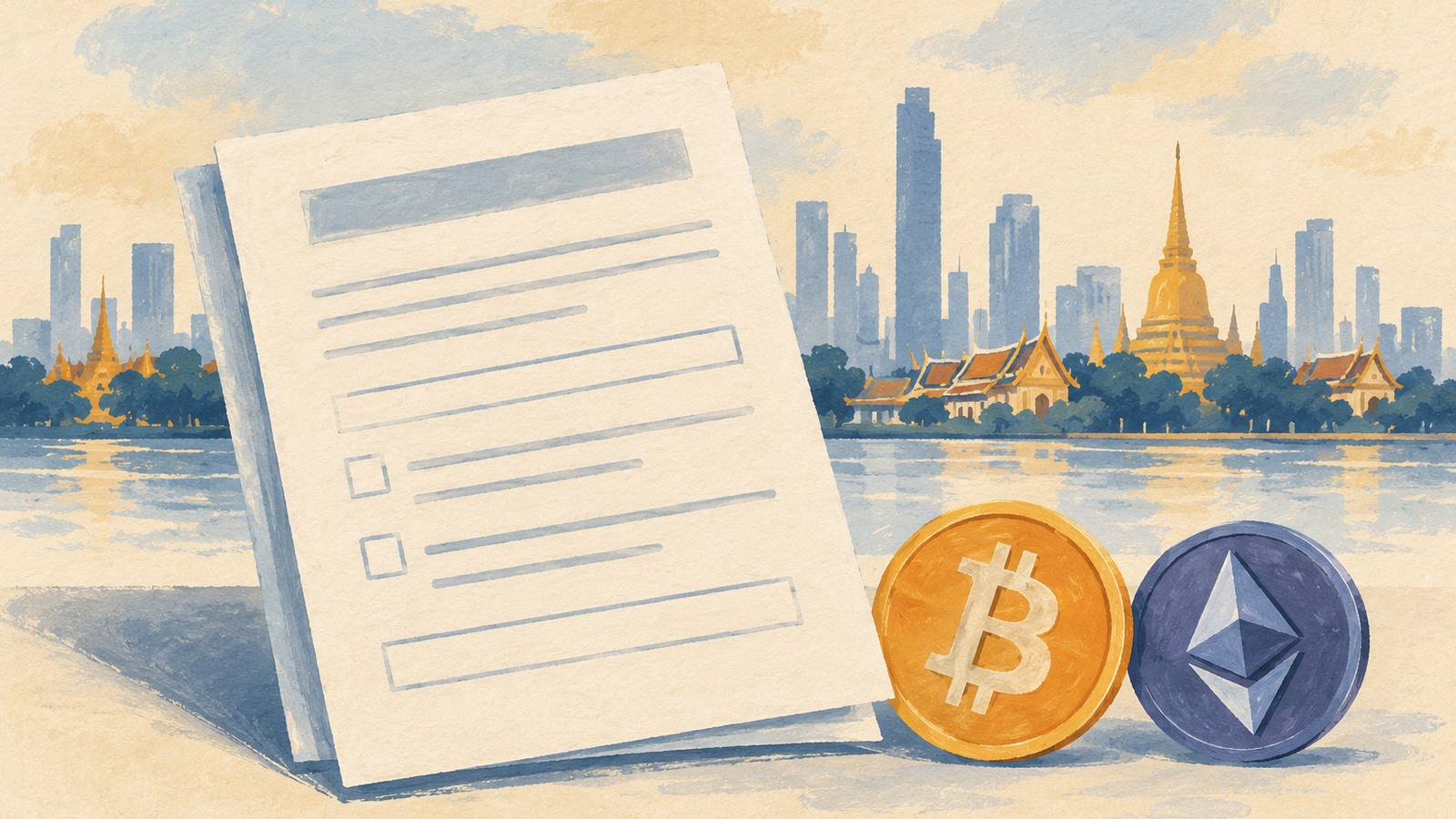Ilustrație editorială originală despre Cointelegraph: autoritatea thailandeză nu primise încă cereri pentru noile ETF-uri crypto locale