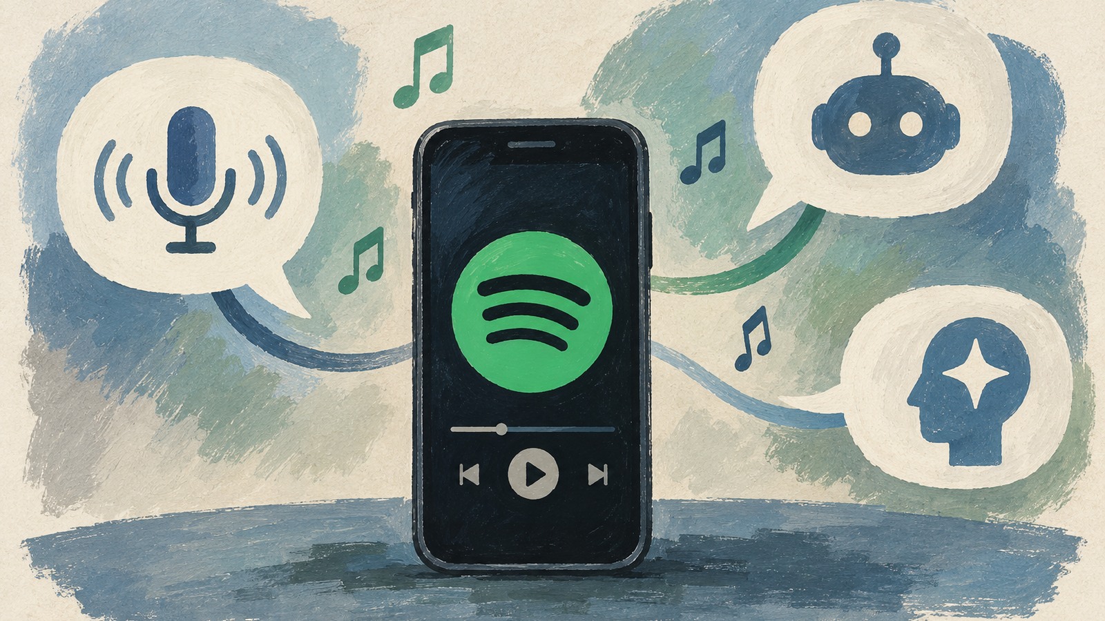 Ilustrație editorială originală despre Spotify mizează pe accesul prin asistenți AI, potrivit relatării TechCrunch