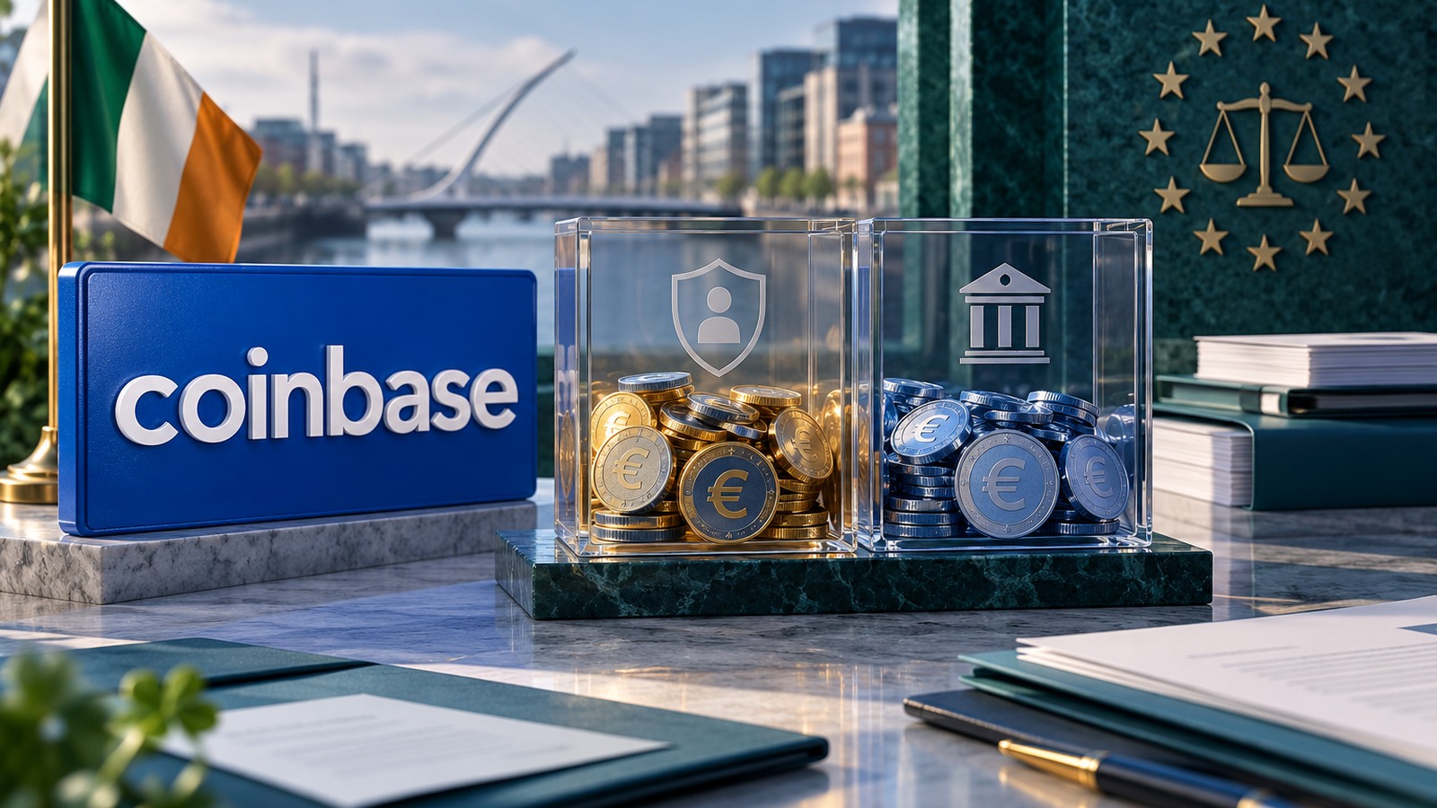 Ilustrație editorială originală despre Coinbase Ireland acceptă sancțiunea de 3,25 milioane de euro; urmează confirmarea instanței